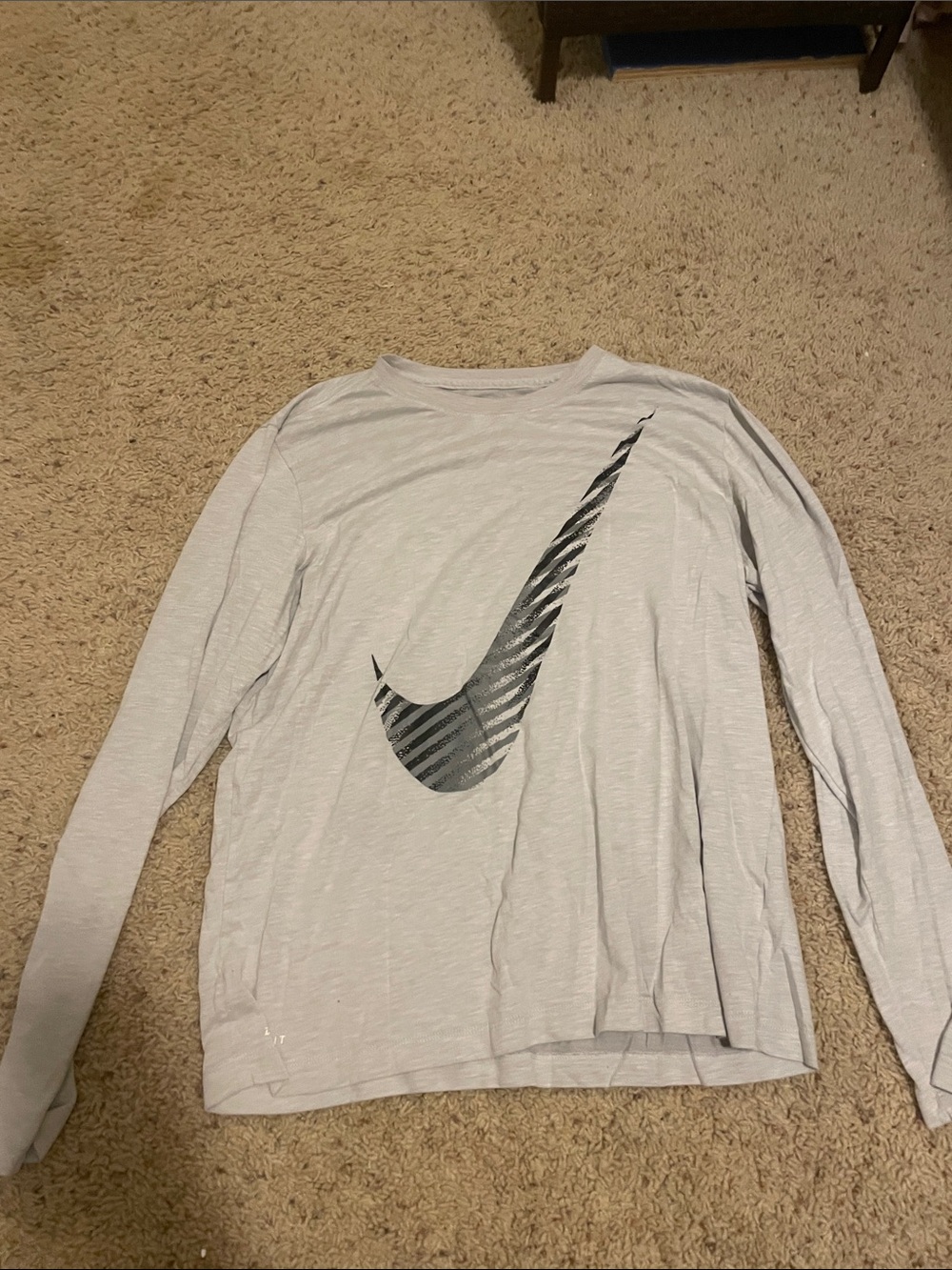 Nike Light Gray Long Sleeve Shirt with Black Striped Swoosh